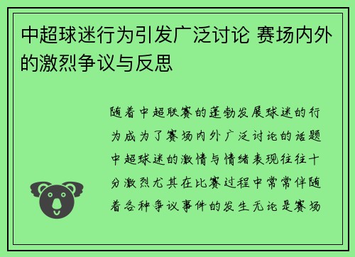 中超球迷行为引发广泛讨论 赛场内外的激烈争议与反思 中超球迷行为引发广泛讨论 赛场内外的激烈争议与反思