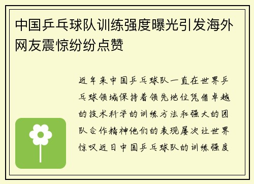 中国乒乓球队训练强度曝光引发海外网友震惊纷纷点赞