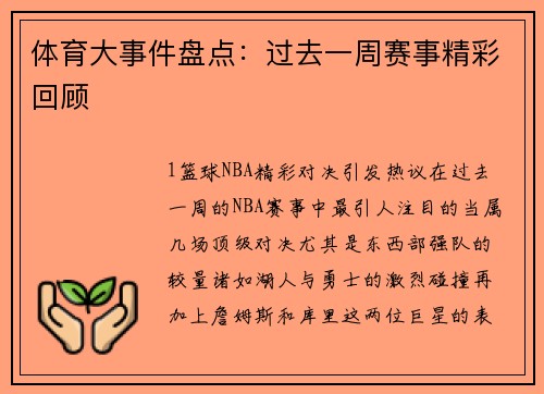 体育大事件盘点：过去一周赛事精彩回顾